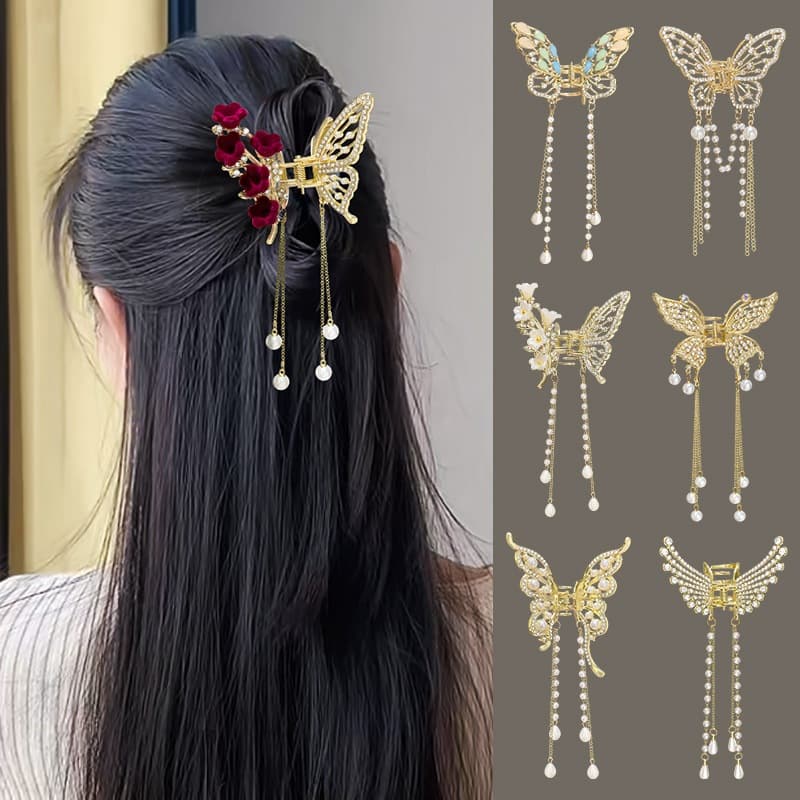 Grampo de cabelo borboleta de Metal feminino High-End temperamento meia gravata borla pingente acessórios para o cabelo