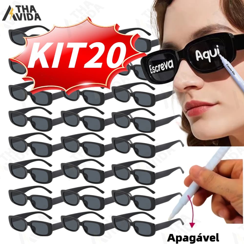 Kit Óculos Vintage Retro Preto Liso + Caneta Giz para Festa Casamento Cerimônia de Formatura com Festa