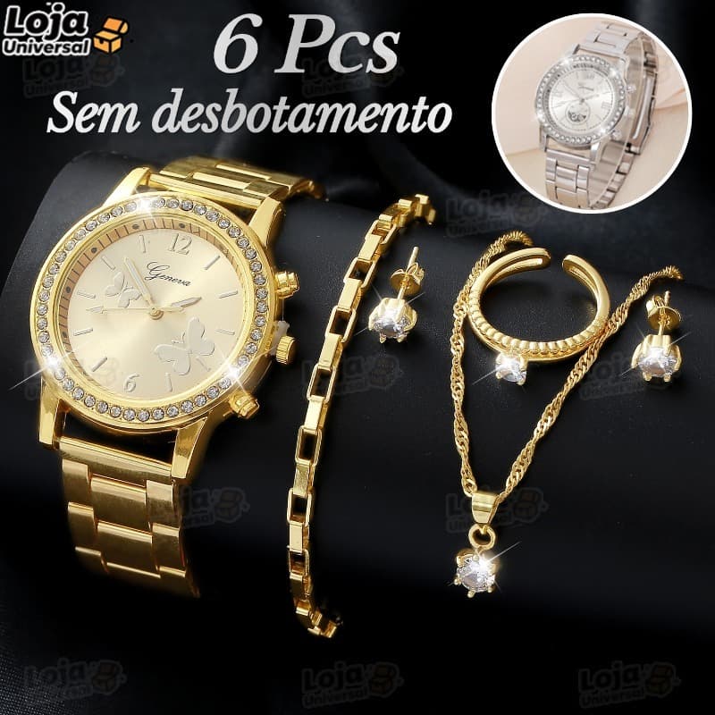 Relógio Feminino de Quartzo com Diamantes – Conjunto de Pulseira de Aço Inoxidável Para Aniversário-LU