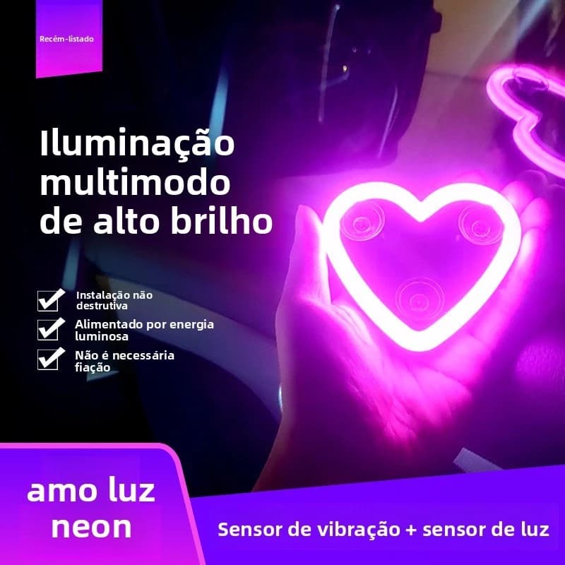 Luz Interior Do Carro Em Forma De Coração Neon , Alimentada Por Energia Solar E USB , Decoração Automotiva Romântica
