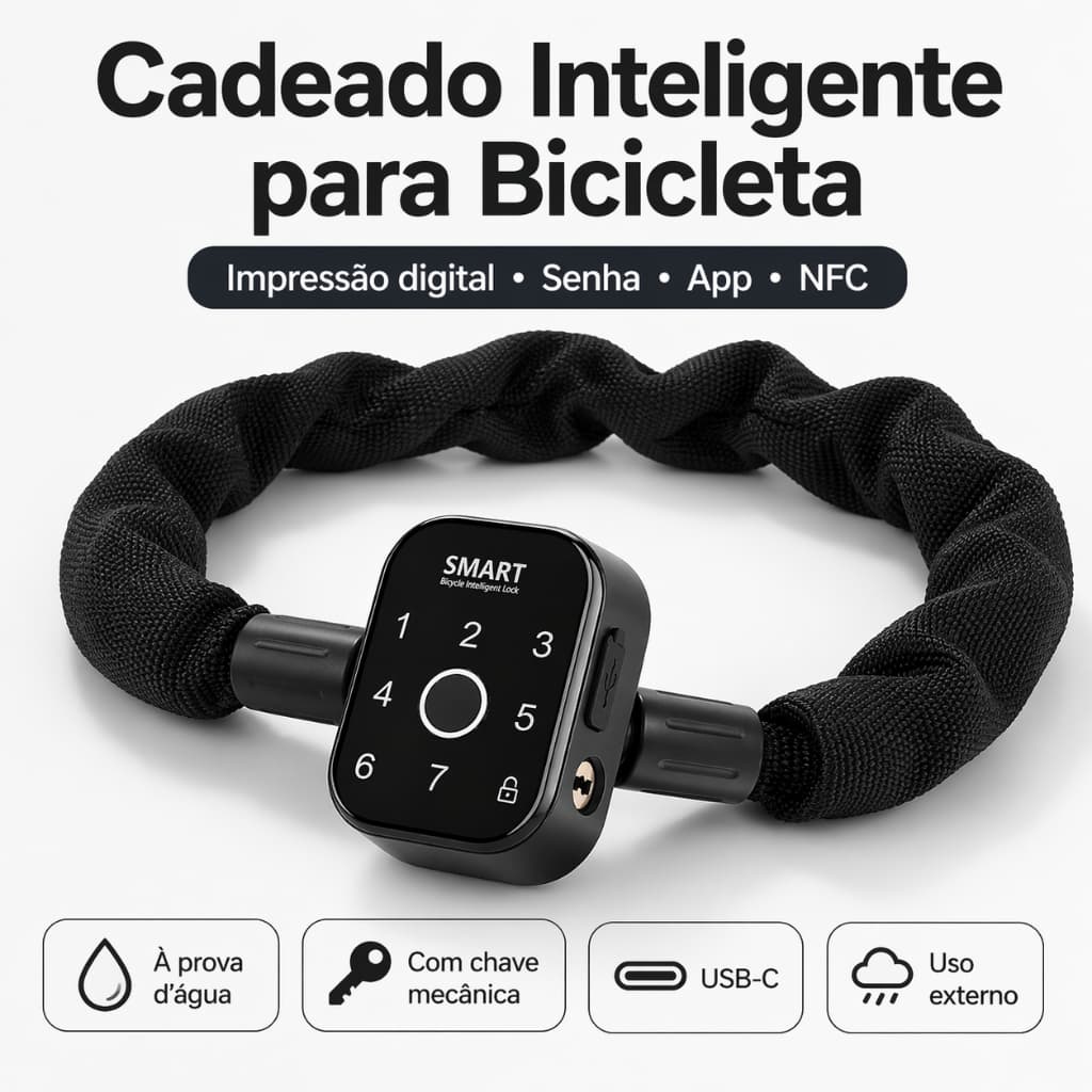 Cadeado Inteligente Bicicleta e Moto, Impressão Digital, Senha, Bluetooth, NFC, App, Antifurto