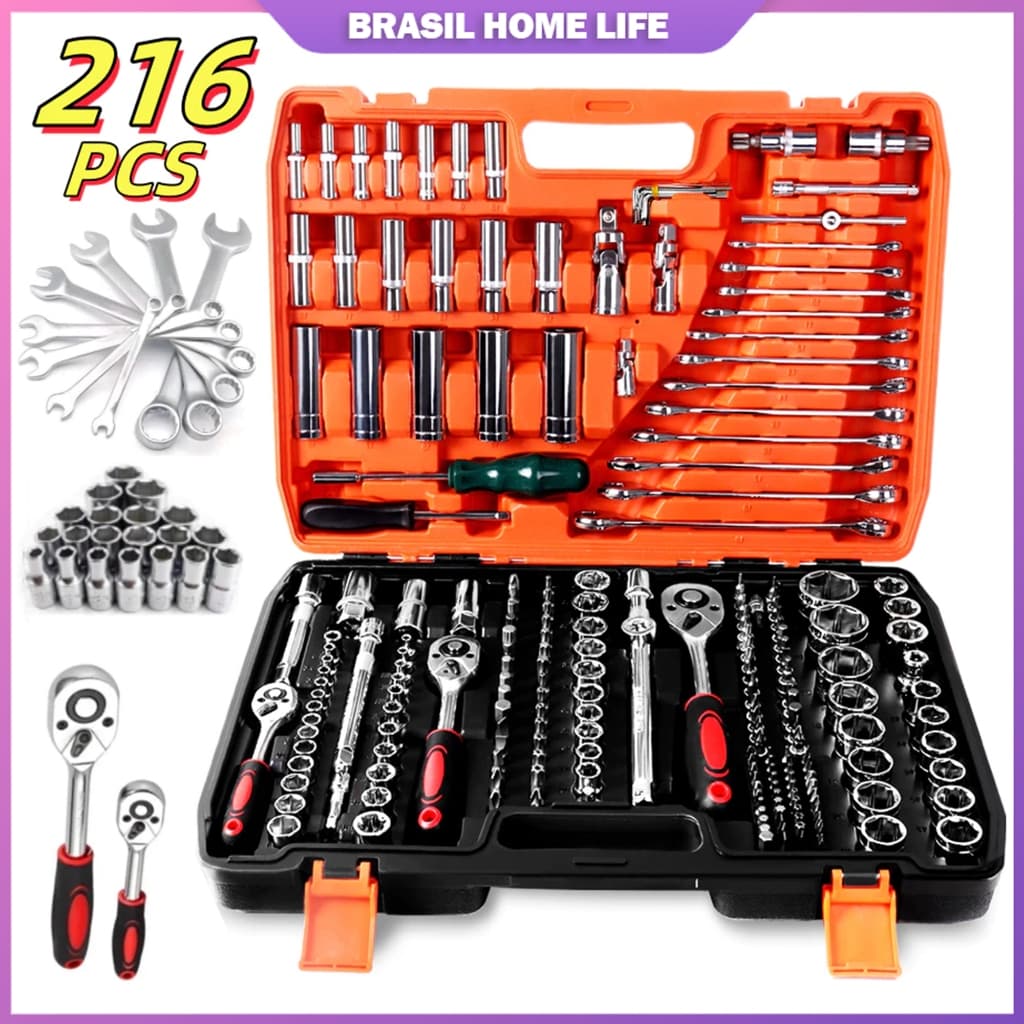 Kit Ferramentas 216 Peças Jogo Completo de Chaves Profissional Uso Doméstico e Mecânica