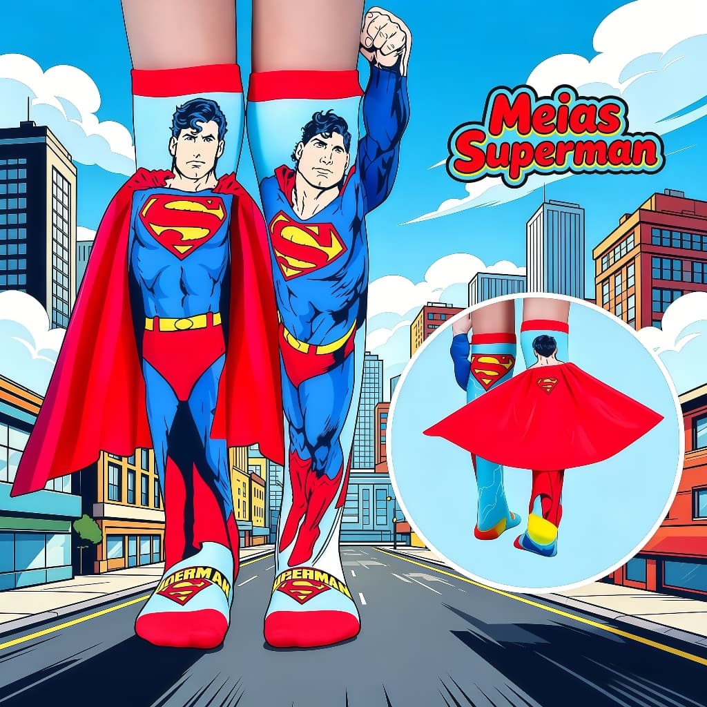 Meias Infantil Superman 3D Cano Alto Com Personagem Divertidas Fofas Para Crianças Presente