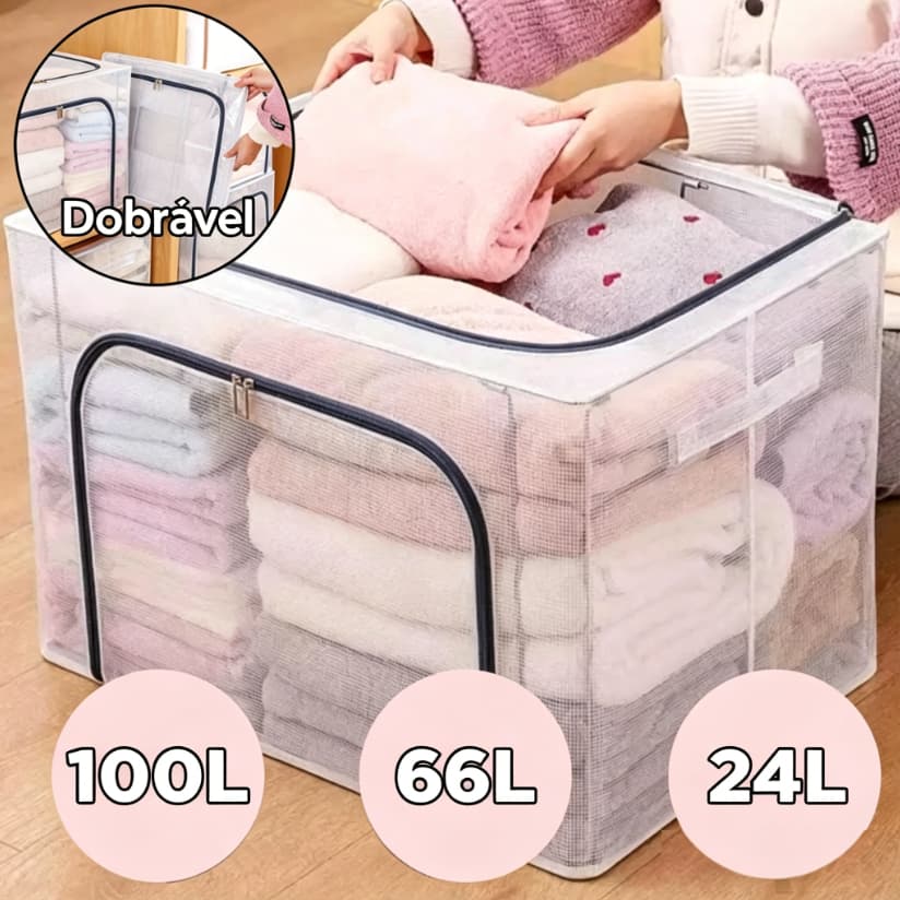 24L/66L/100L Caixa Organizadora Roupas Brinquedos Lençol Edredom Guarda Roupa Dobrável Visor Transparent