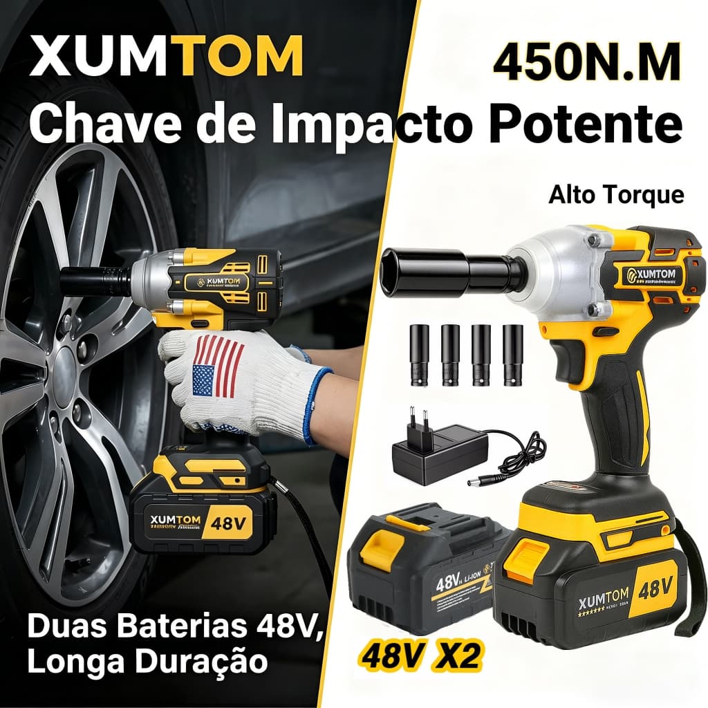 Kit Chave Impacto 48V 450Nm Brushless c/ Maleta - Furadeira Parafusadeira - 2 Baterias Bivolt - Prof. Automotivo