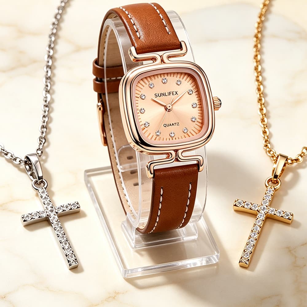 Relógio Feminino Quartzo Caixa Quadrada - Pulseira de Couro Elegante À Prova D'água