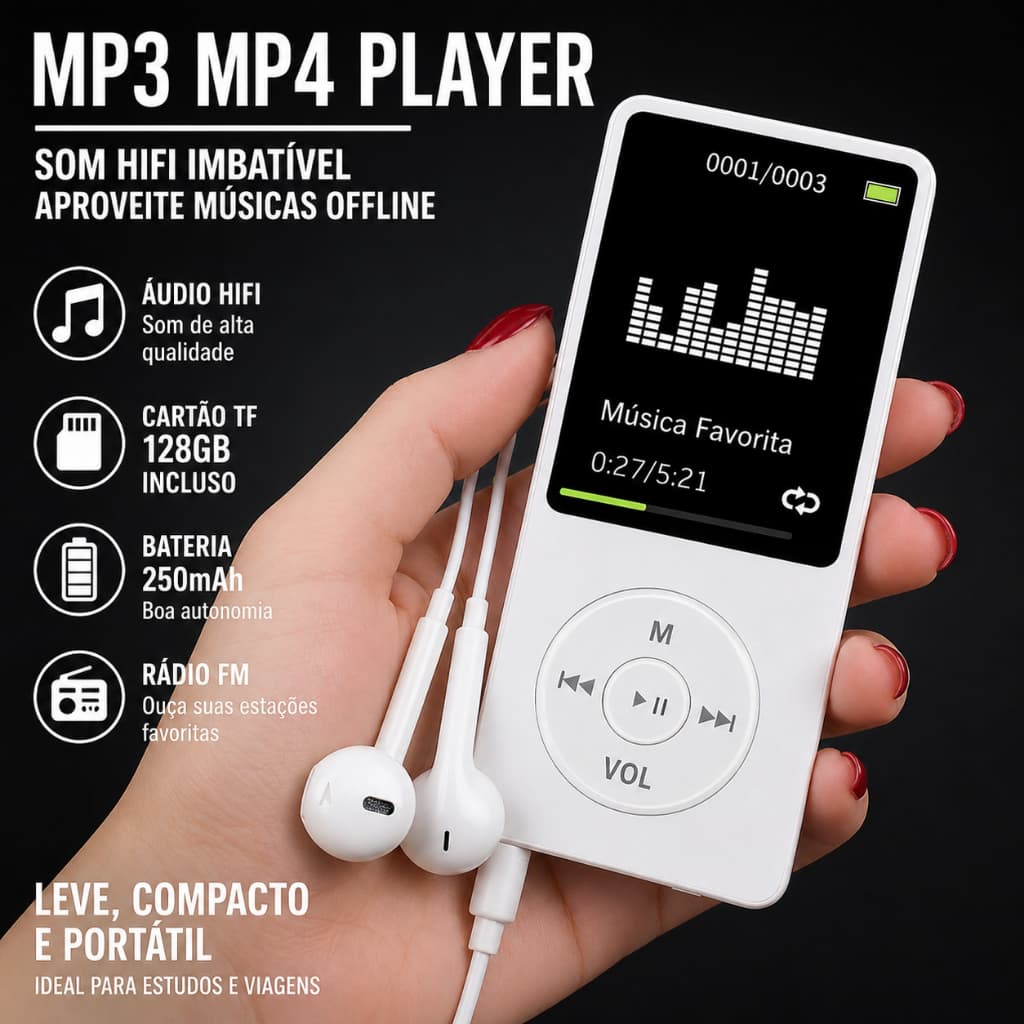 MP3 MP4 Player Bluetooth 5.0 com Cartão 128GB HiFi Rádio FM Gravador eBook Vídeo Leve Portátil para Estudos e Viagens