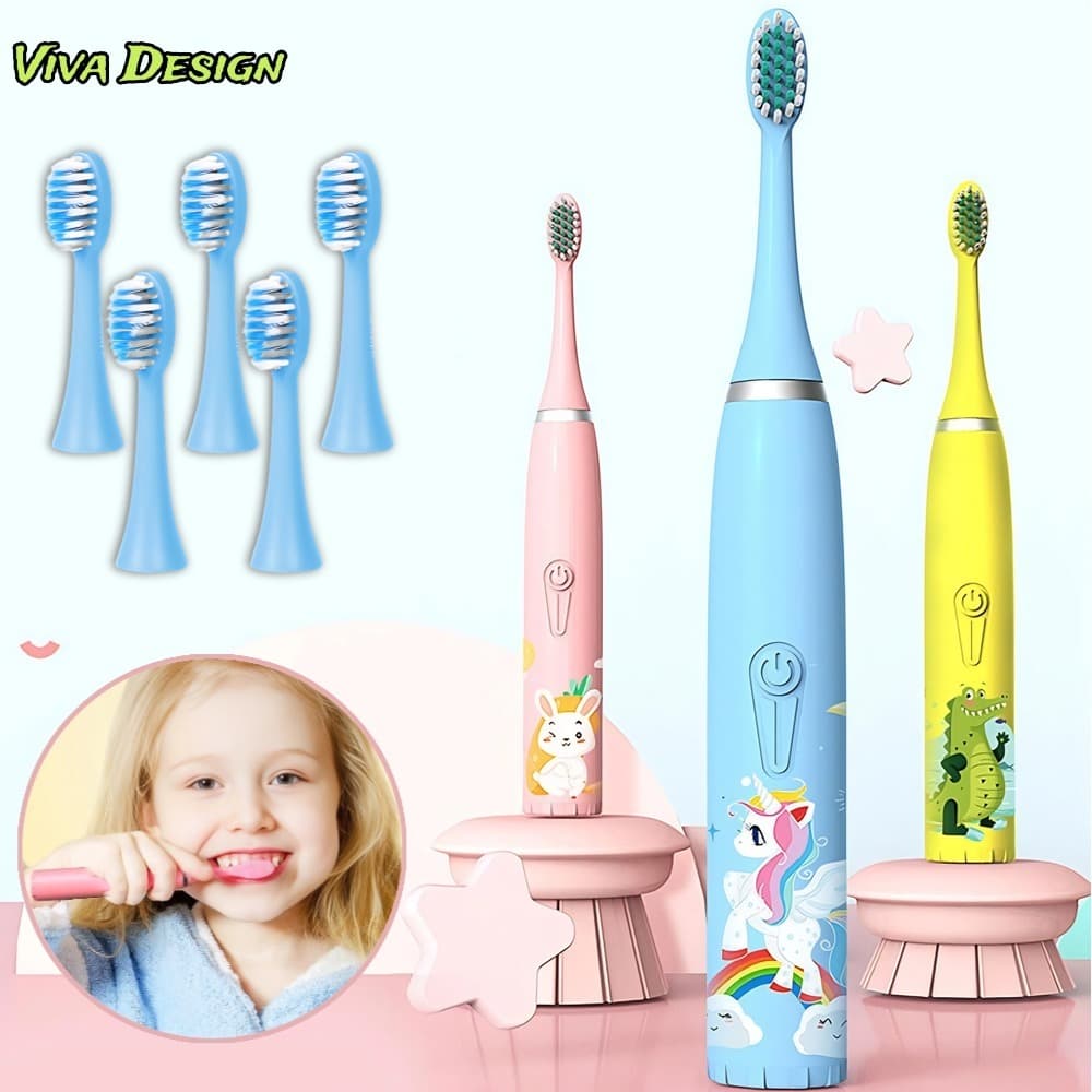 Escova Dental Elétrica Ultra-Sônica Para Crianças Acústica Onda Fofa Cabelos Suaves Dupla Face Limpa Cuidados