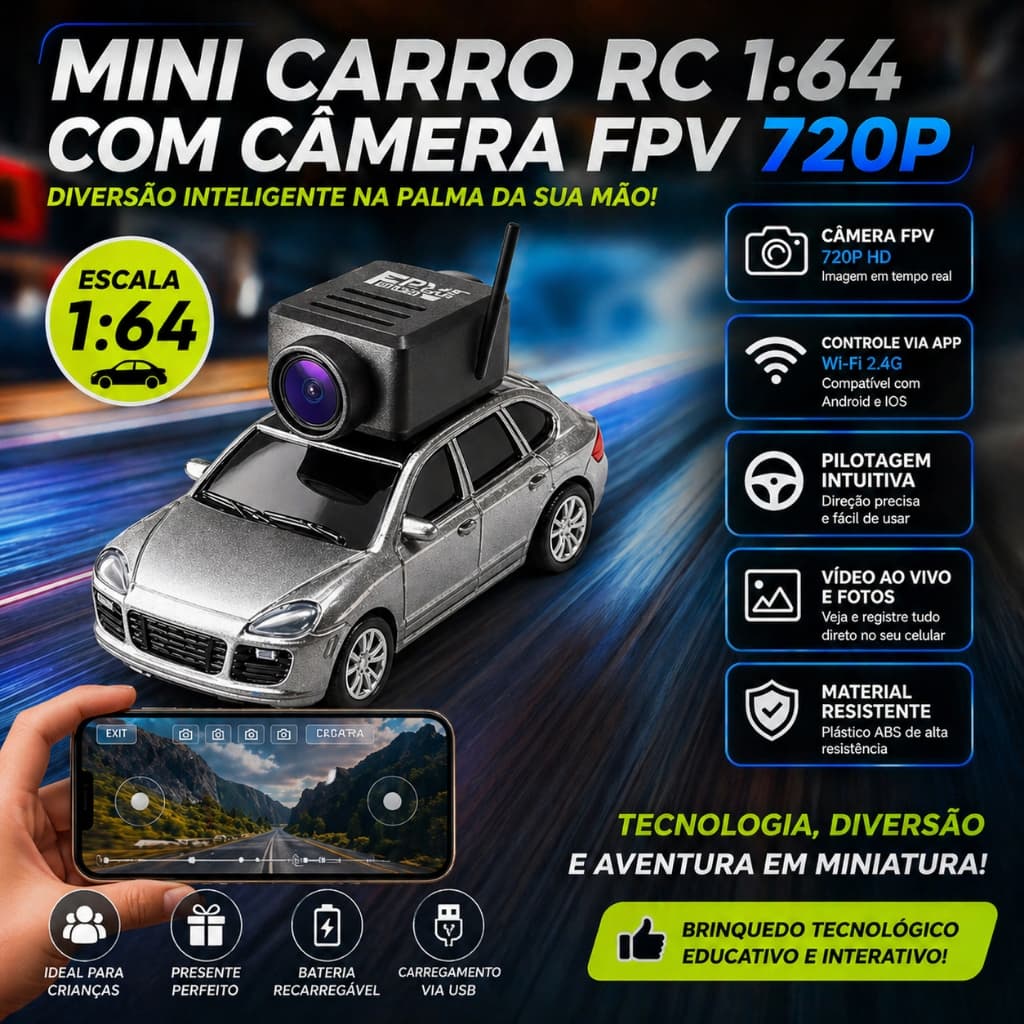 Mini Carro de Modelo RC 1:64 com Câmera FPV 720P WiFi Controle por APP Brinquedos Infantil Tecnológico Presente de Natal