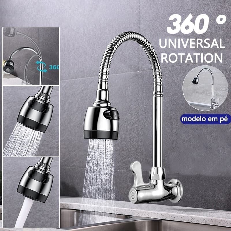 Torneira Parede Inox Prata 360°, Bico Duplo Cônico Rotação 1/4 Volta