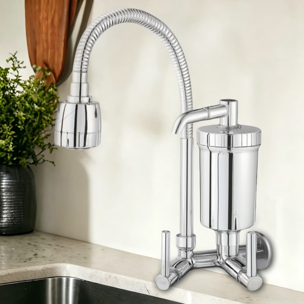 Torneira Filtro de Parede Gourmet Cozinha Flexível Jato Duplo Cromada 1/4 de volta Luxo