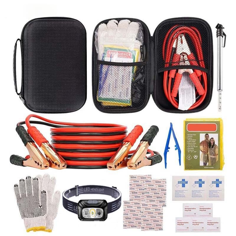 Kit de Emergência para Carro 9 Peças – Cabos de Chupeta, Lanterna, Medidor de Pneu – Segurança Automotiva Completa