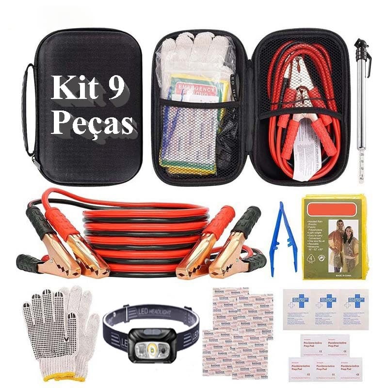 Kit 9 Peças: Cabos de Chupeta, Lanterna, Medidor de Pneu – Para Emergência no Trânsito