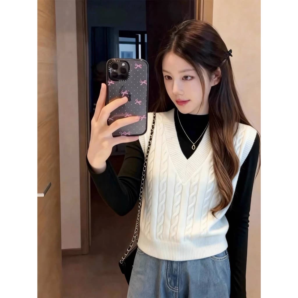 Colete de malha em camadas com decote em V feminino novo estilo Slim fit mais fino Look curto