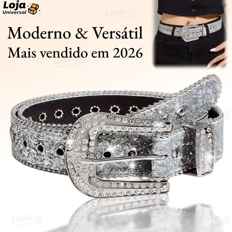 Cinto de couro com tachas brilhantes estilo cowgirl para calças jeans, com strass e fivela prateada estilo western-LU
