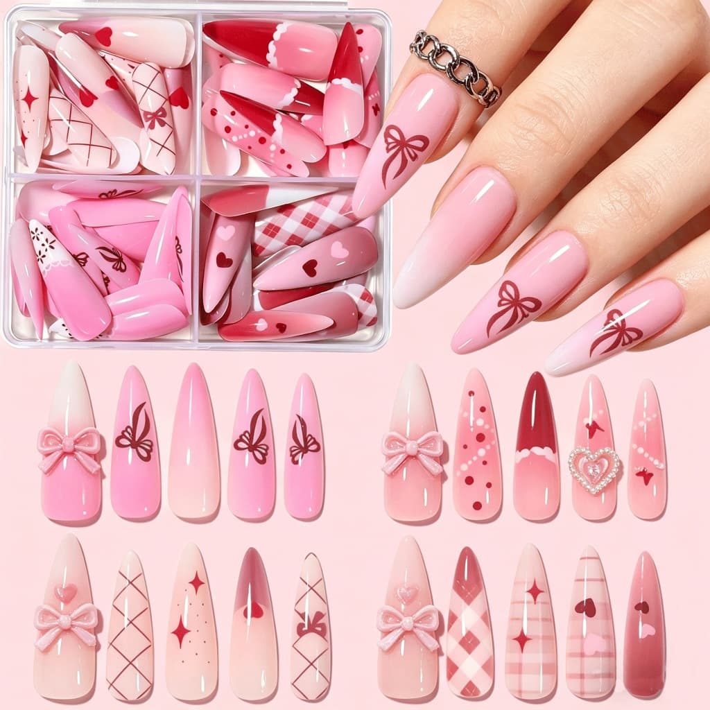 96 Unidades De Prensa De Amêndoa Em Variedade De Unhas-Designs Mistos : Estrela , Coração , Xadrez , Laço , Bloco De Cor