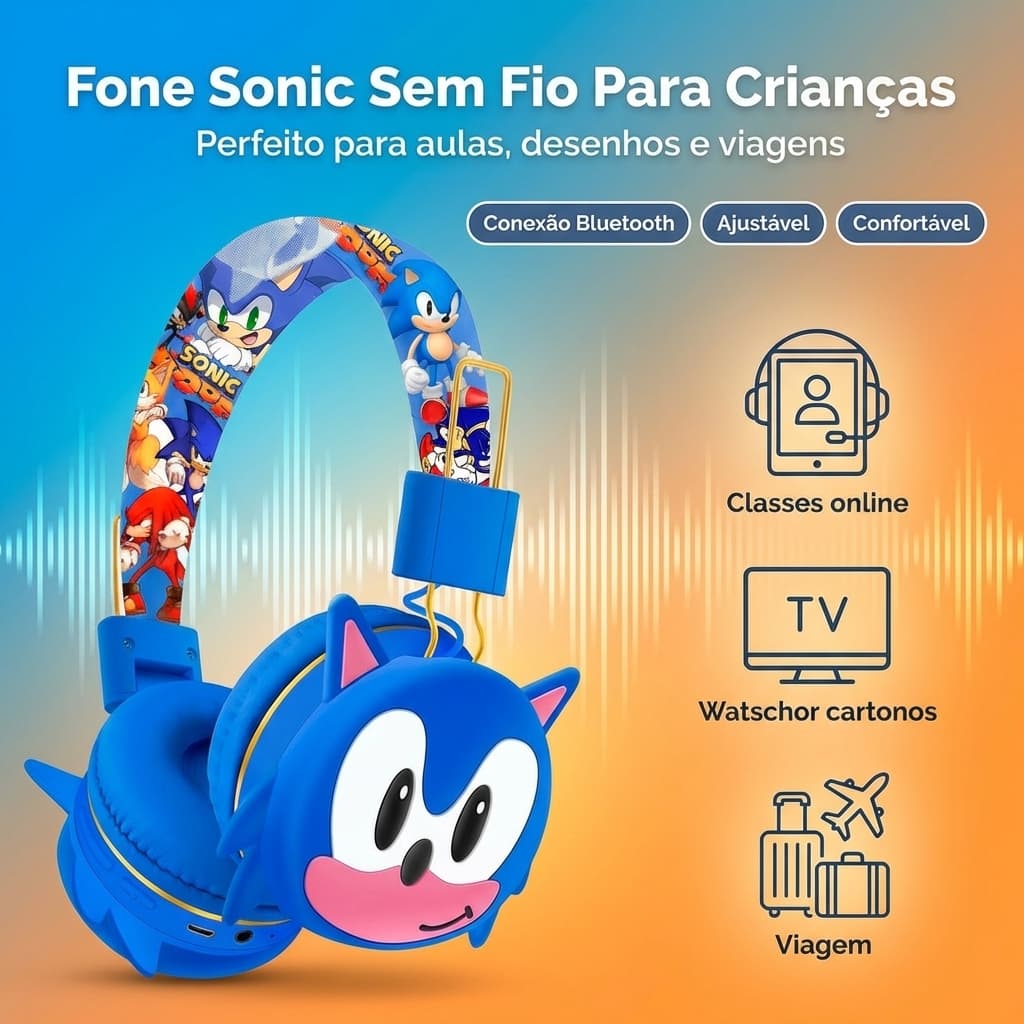 Headphone Fone de Ouvido Infantil Bluetooth Sonic Sem Fio Com Estampa Ajustáveis Sonic Over-Ear Headphones