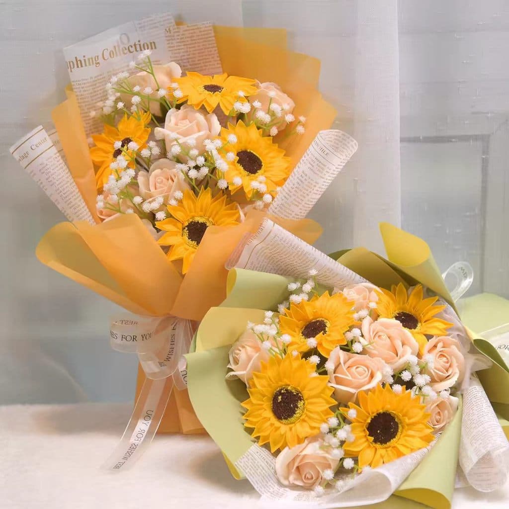 Instantâneo / Simulação de sabão de girassol buquê de flores eternas / noivado presente de aniversário de casamento
