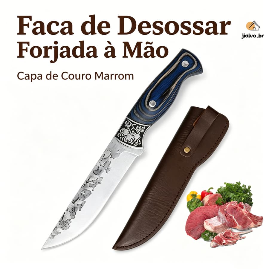Faca de Desossa Forjada à Mão, Estilo Vintage com Bainha, p/ Churrasco, Desossar, Acampar e Chef