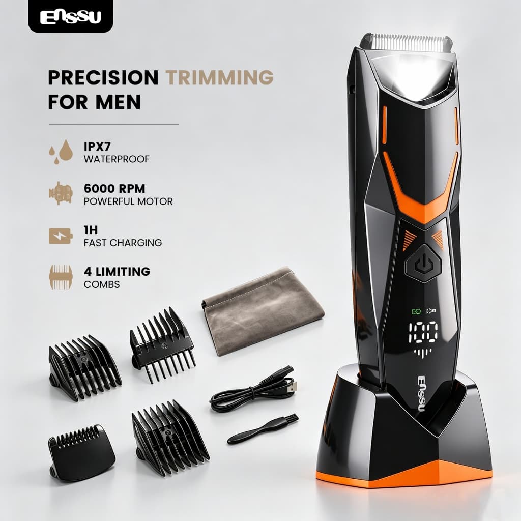 Máquina de Aparar Pelos Masculina Sem Fio Recarregável Impermeável com LED