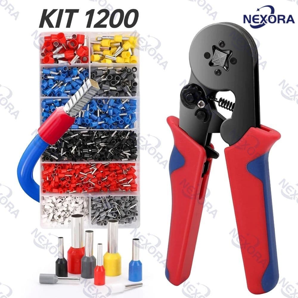 Kit Alicate de Crimpagem Profissional Terminais Tubulares 0.25 a 10mm² + 1200 Terminais Isolados 0.25 Até 10mm² 1200peça