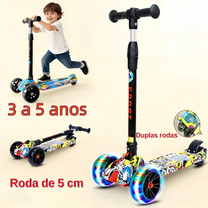 Patinete Infantil 4 Rodas LED Ajustável em Altura Estilo Graffiti Meninos e Meninas de 3 a 5 anos