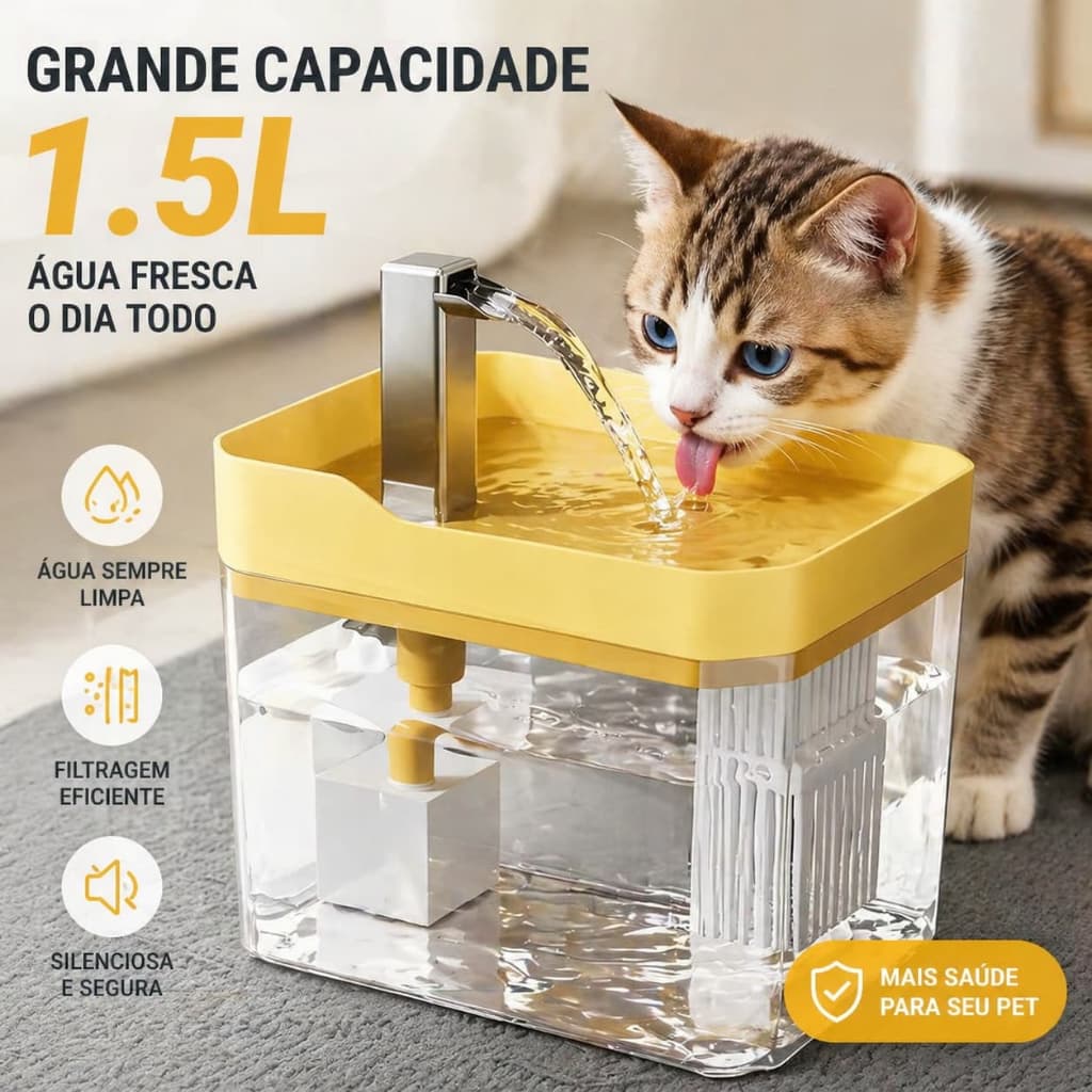 Fonte Para Gatos e Cães 1,5L Automática Bebedouro Purificador Circulação de Água Bivolt Com Filtro