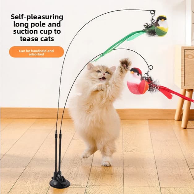 Brinquedo para Gatos – Varinha com Pássaro Simulado + Ventosa, Acessório com Substituição Destacável