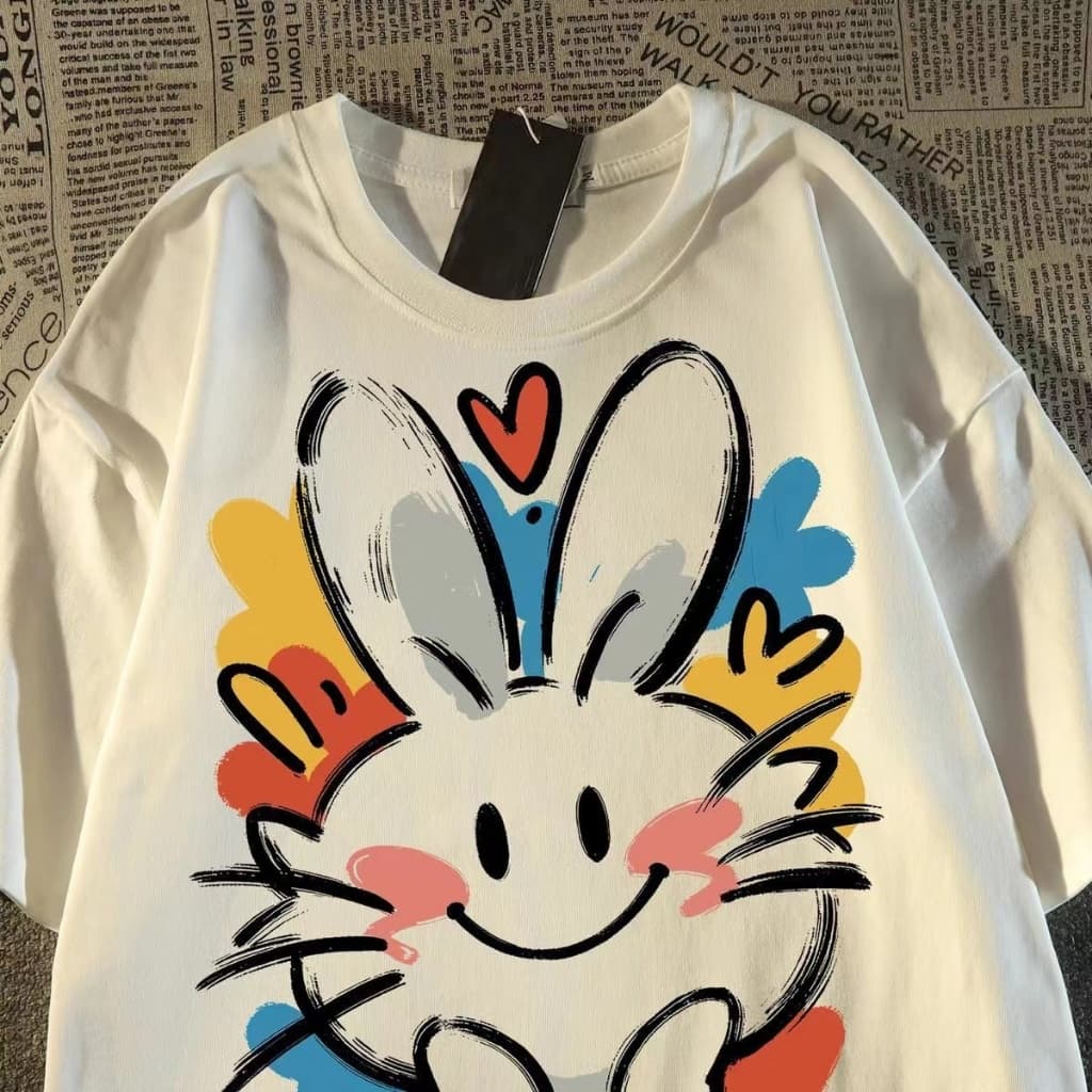 Estilo japonês vietnã ilustração coelho impressão de manga curta camiseta das mulheres dos homens verão solto dos desenh