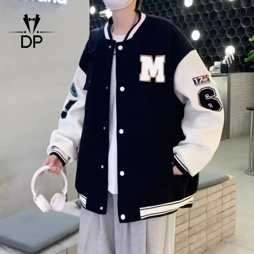 Jaqueta Universitária Masculina Casual Solta Estampada De Beisebol Para Homens t330 Preta