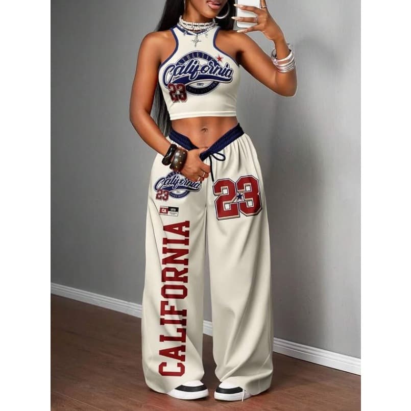 conjunto feminino Verão Quente Menina Hip Hop Rua Impresso Regata + Casual Calças De Perna Larga