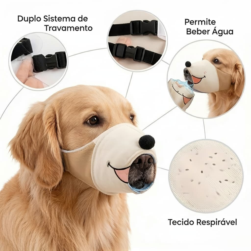 Focinheira para Cães - Design Animado, 360° Proteção, Trava Dupla, Ajustável, Permite Beber e Comer
