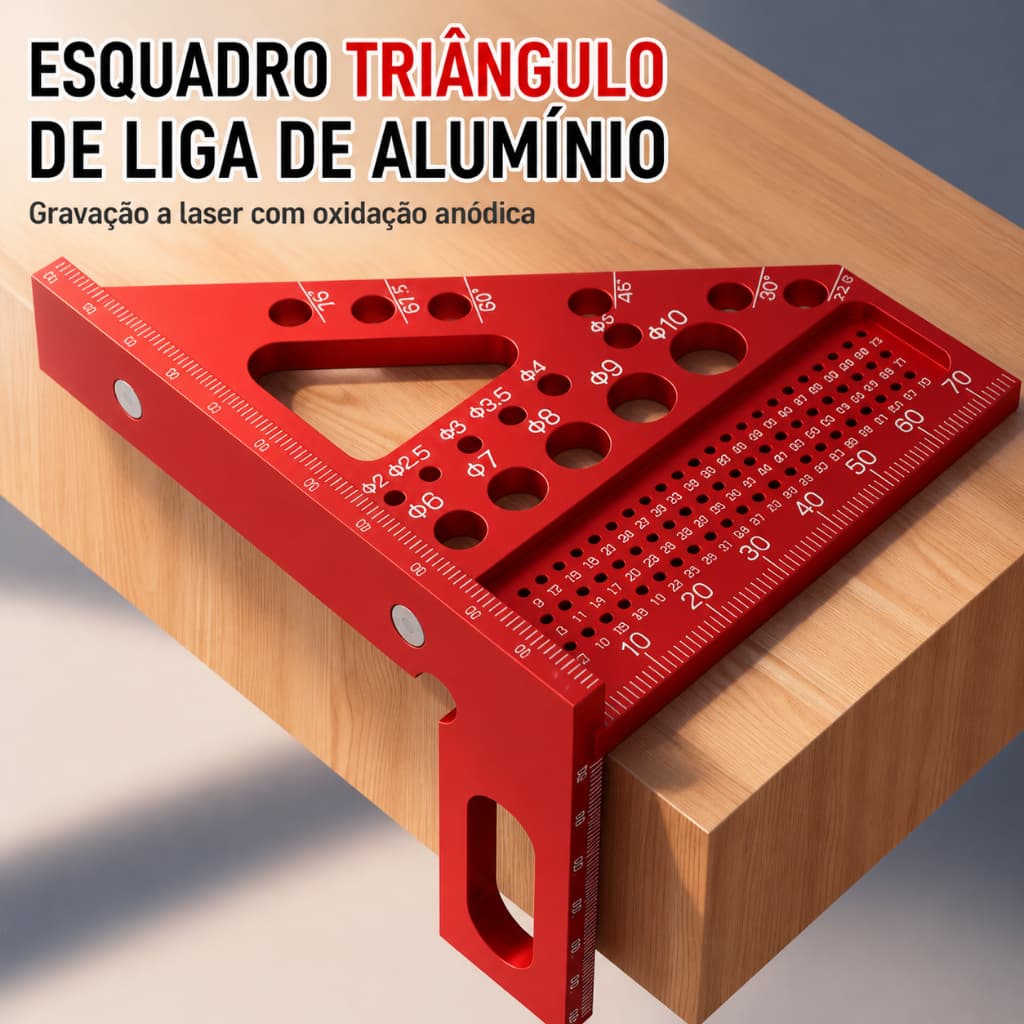 Régua Triangular Alumínio Profissional 90° Multifuncional com Marcação a Laser Alta Precisão Carpintaria