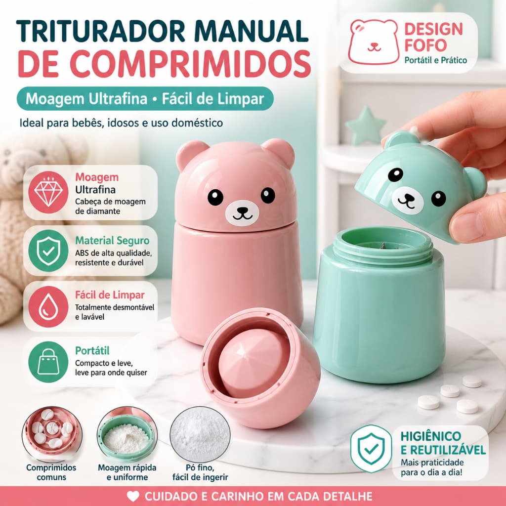 Triturador de Comprimidos Manual Portátil, Moagem Ultrafina, Fácil de Limpar, Desmontável, Design Ursinho