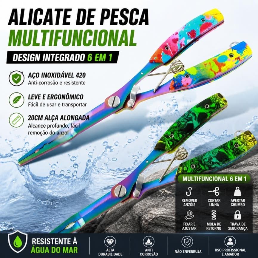 Alicate de Pesca Multifuncional Aço Inoxidável 420 Longo Anti-Corrosão Corte de Linha Removedor de Anzol