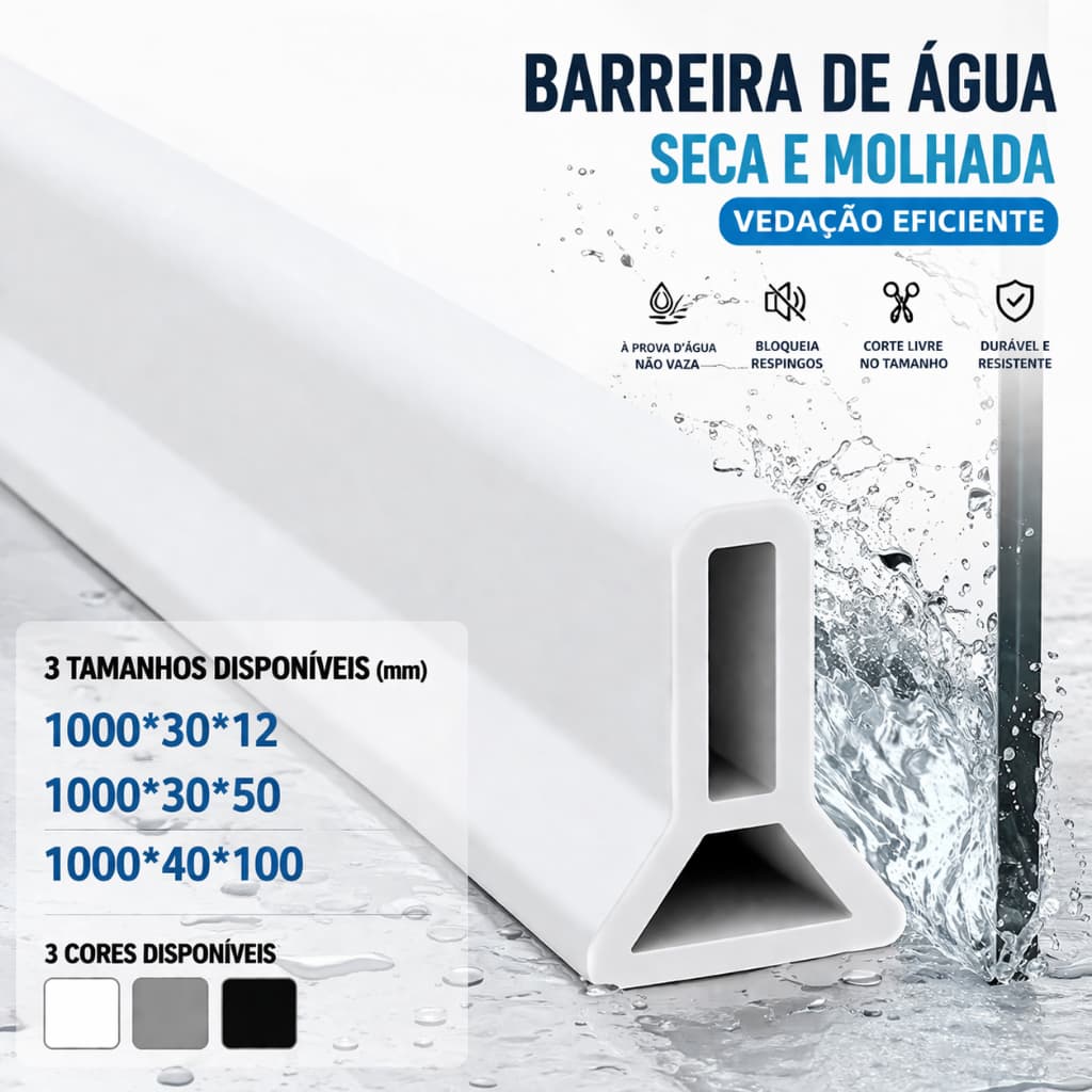 Barreira de Água Silicone Autoadesiva para Banheiro | Vedação Impermeável Box Chuveiro Corte Livre Anti Vazamento