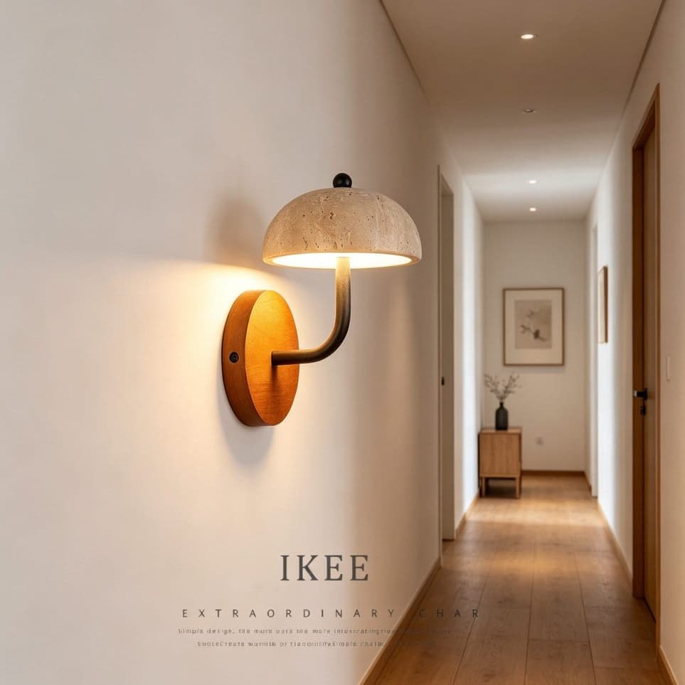 IKEE Arandela De Parede Amarela Natural Travertine Com Base De Madeira , Luminária Retrô Para Quarto , Escada , Corredor