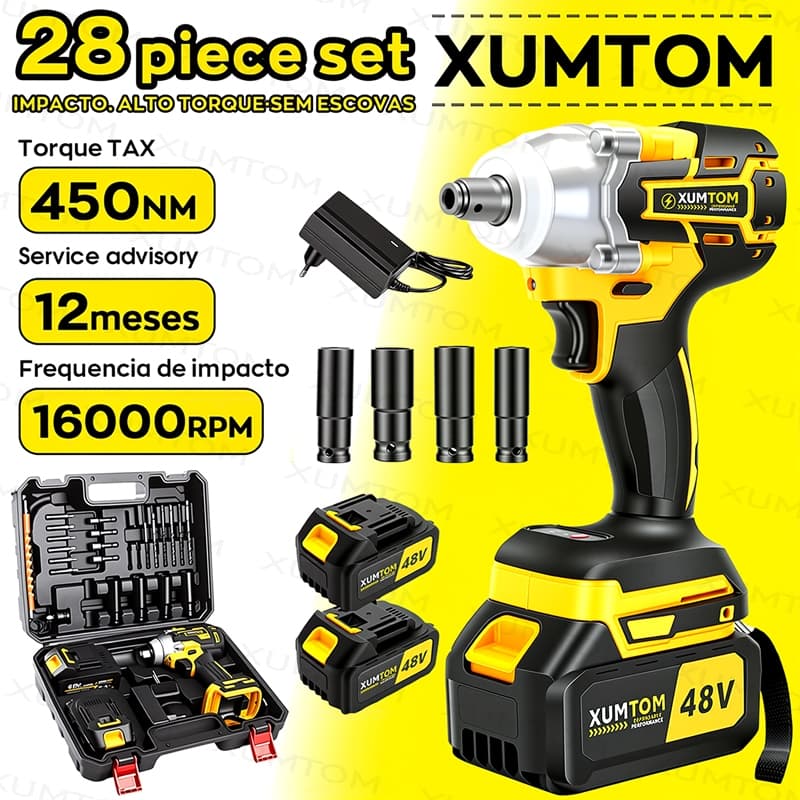 Chave De Impacto Sem Fio Para Motor Escova , 450Nm , 48V , 2 Baterias Bivolt , 110/220V , Kit Completo Com Mala E Acessó