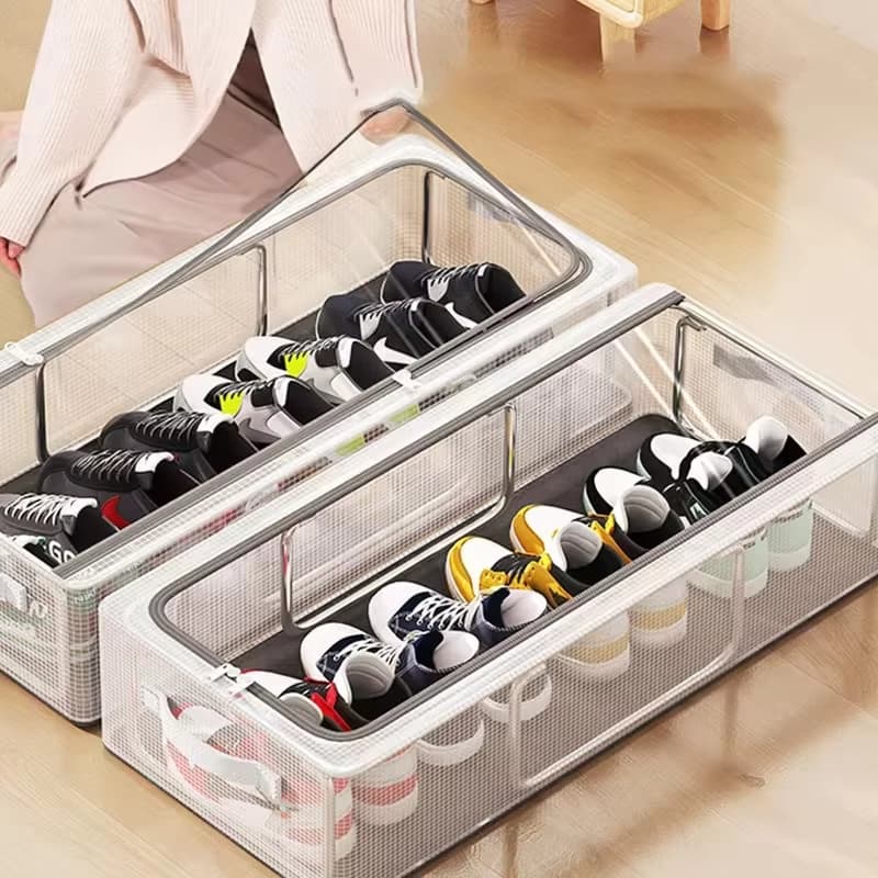 2 Com zíper Caixa de armazenamento empilhável para sapatos, caixa de armazenamento transparente multifuncional em concha