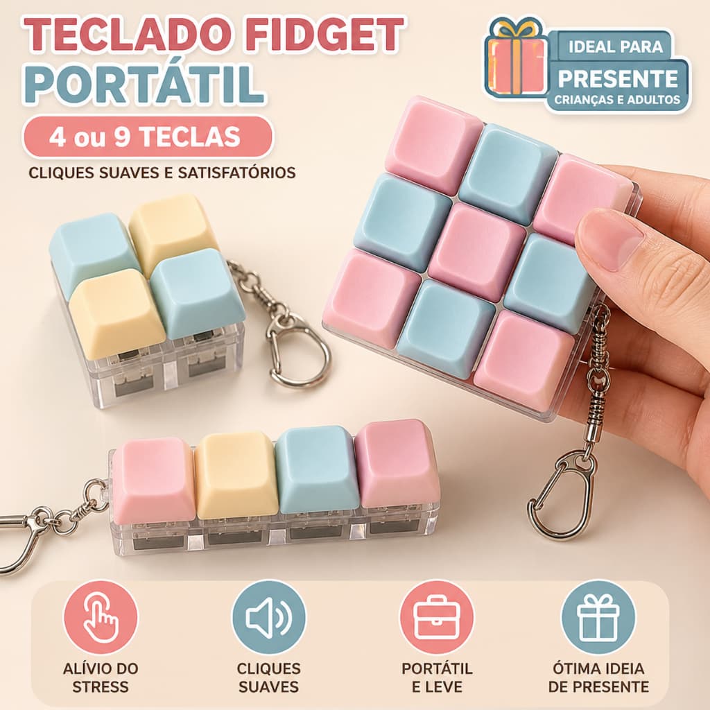 Teclado Fidget Portátil 4/9 Teclas Chaveiro Antiestresse Cliques Suaves Brinquedo Presente Natal para Adultos e Crianças