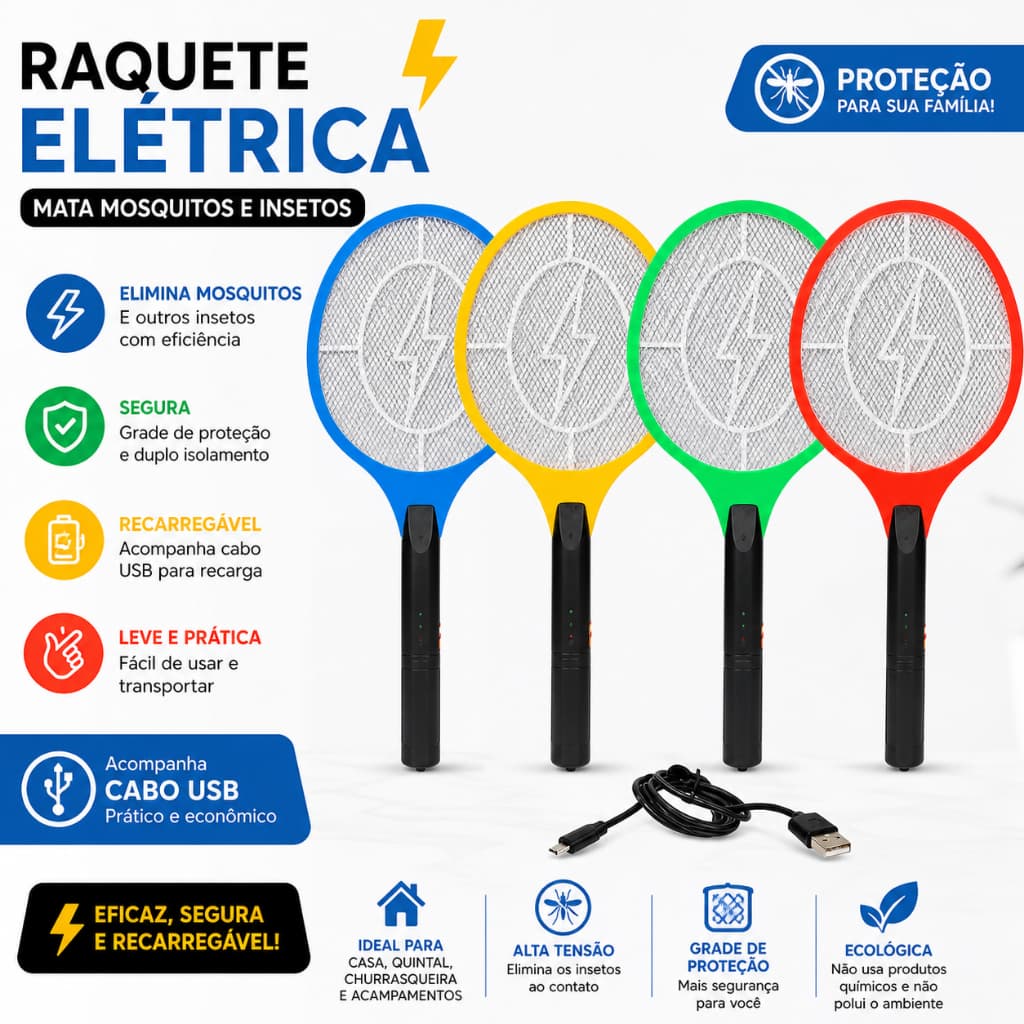 Rechargeable Bivolt Electric Mosquito Swatter - Efficient & Safe for Home Use