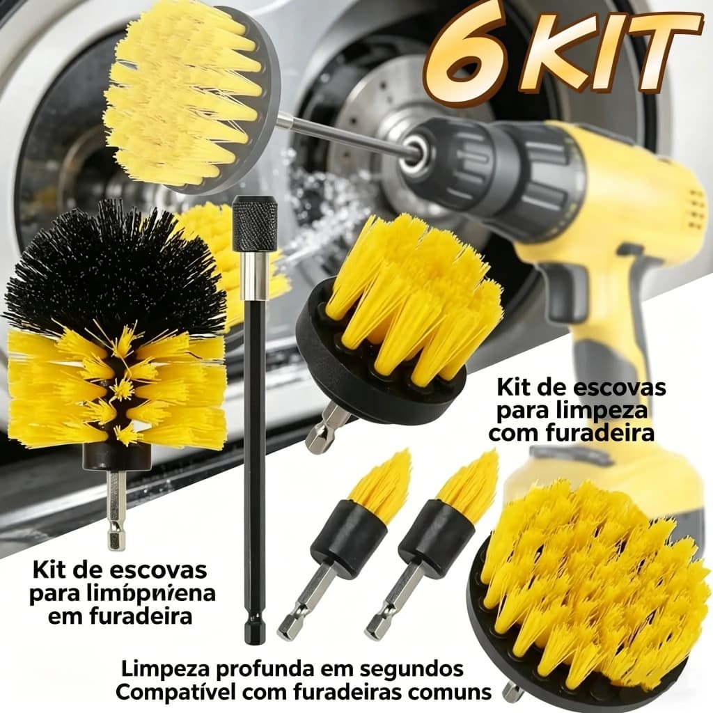 Kit 6 Escovas De Limpeza Encaixe Parafusadeira Furadeira Limpeza Automotiva Pesada Lavar Sofás Tecidos Couros Estofados