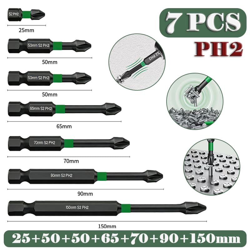 Conjunto de Bits Phillips Magnéticos Verde PH2 de Alta Resistência - 25, 50, 50, 65, 75, 90 e 150mm - Kit com 7 Peças