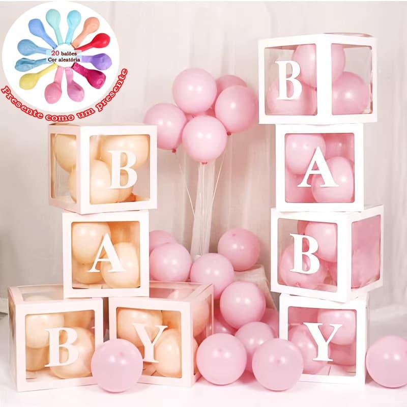 Caixa para Balões BABY 30x30x30cm - 4 caixas+20 Balões | Decoração Chá de Bebê & Festa
