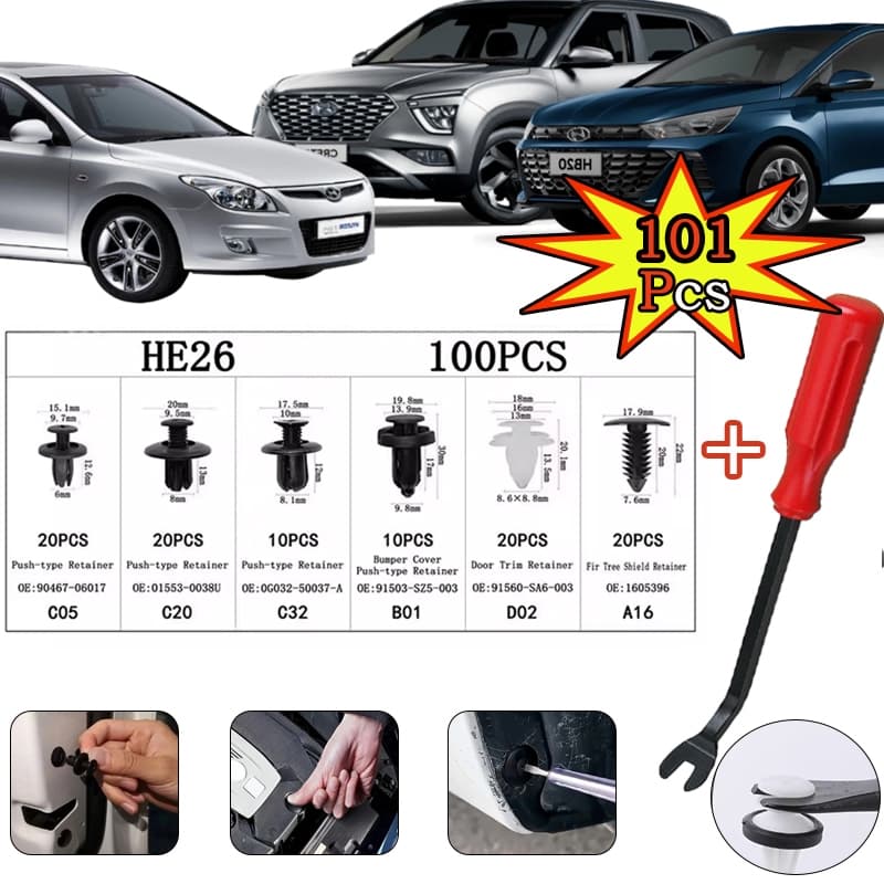 Kit 101 Peças Presilha Grampo Automotivo Reparo Universal + Removedor de Presilhas