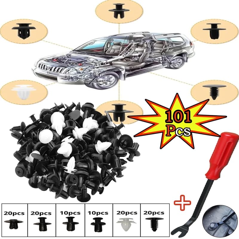 Kit 100 Peças Presilha Grampo Automotivo Reparo Universal + Removedor de Presilhas