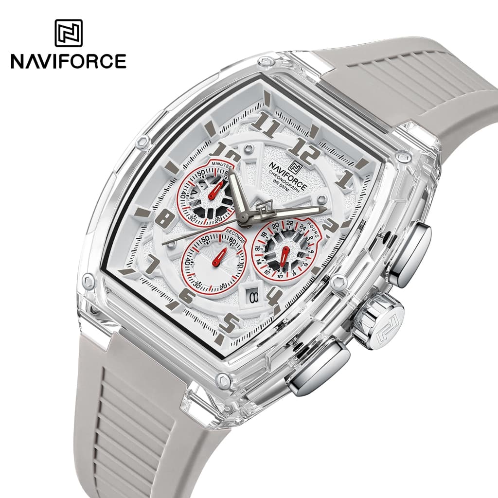 NAVIFORCE 6118 Tonneau Transparente Caso Relógio Masculino Cronógrafo Pulseira De Silicone De Pulso Esportivo 3ATM À Pro