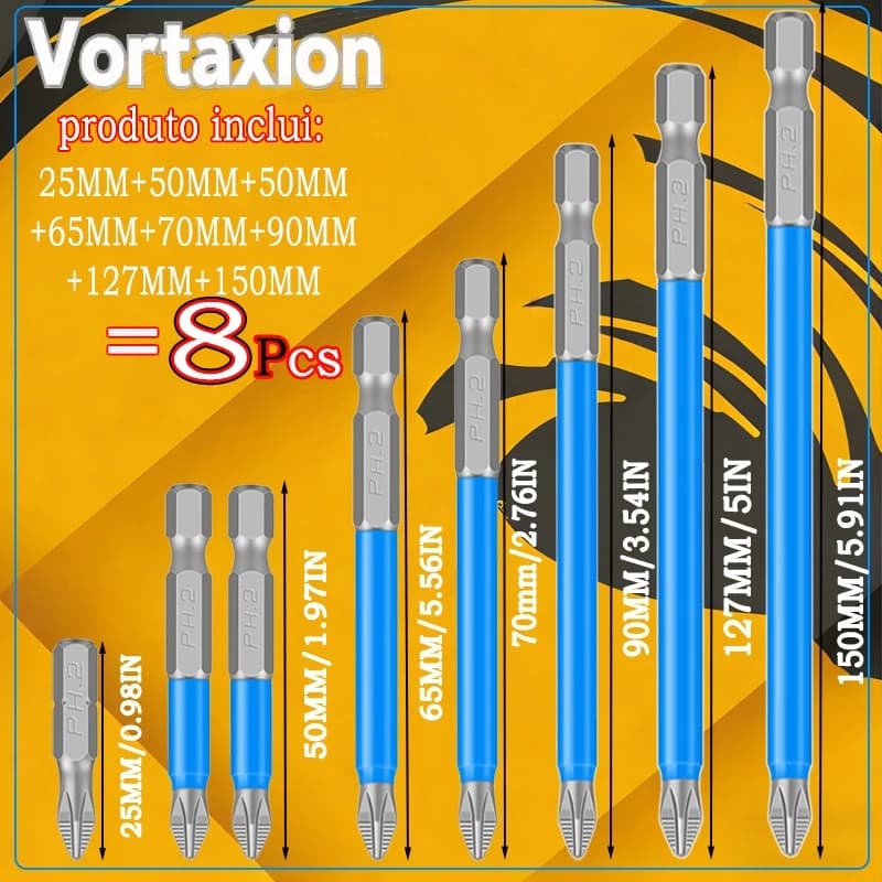 Kit 8 PCS Bits Ponteiras Phillips PH2 Magnéticas de Impacto Aço Reforçado 25 a 150mm