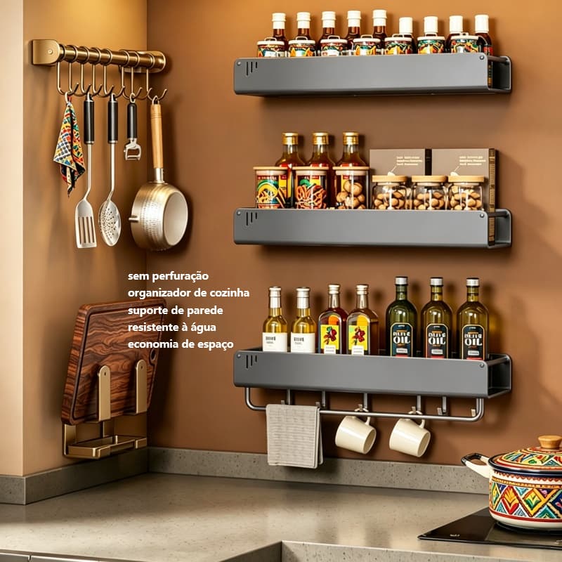 Suporte de Parede para Temperos Sem Perfuração Organizador de Cozinha 30/40/50cm Cinza/Branco