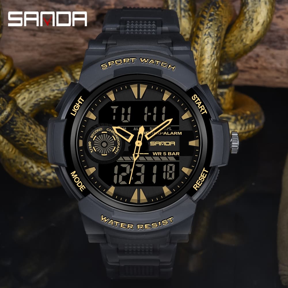 SANDA 6002 Luxo Dual Display Moda Digital Luminoso 5BAR Relógio Masculino Esportivo De Quartzo À Prova D'água-20